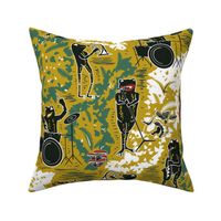 Croak Band 2.0- Frogs Jamming Session in the Amazon Forest- Block Print- Yellow Old Gold- Large Scale 