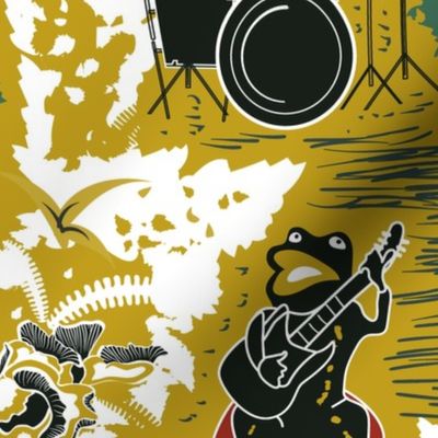 Croak Band 2.0- Frogs Jamming Session in the Amazon Forest- Block Print- Yellow Old Gold- Large Scale 