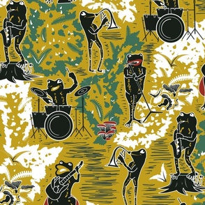Croak Band 2.0- Frogs Jamming Session in the Amazon Forest- Block Print- Yellow Old Gold- Large Scale 