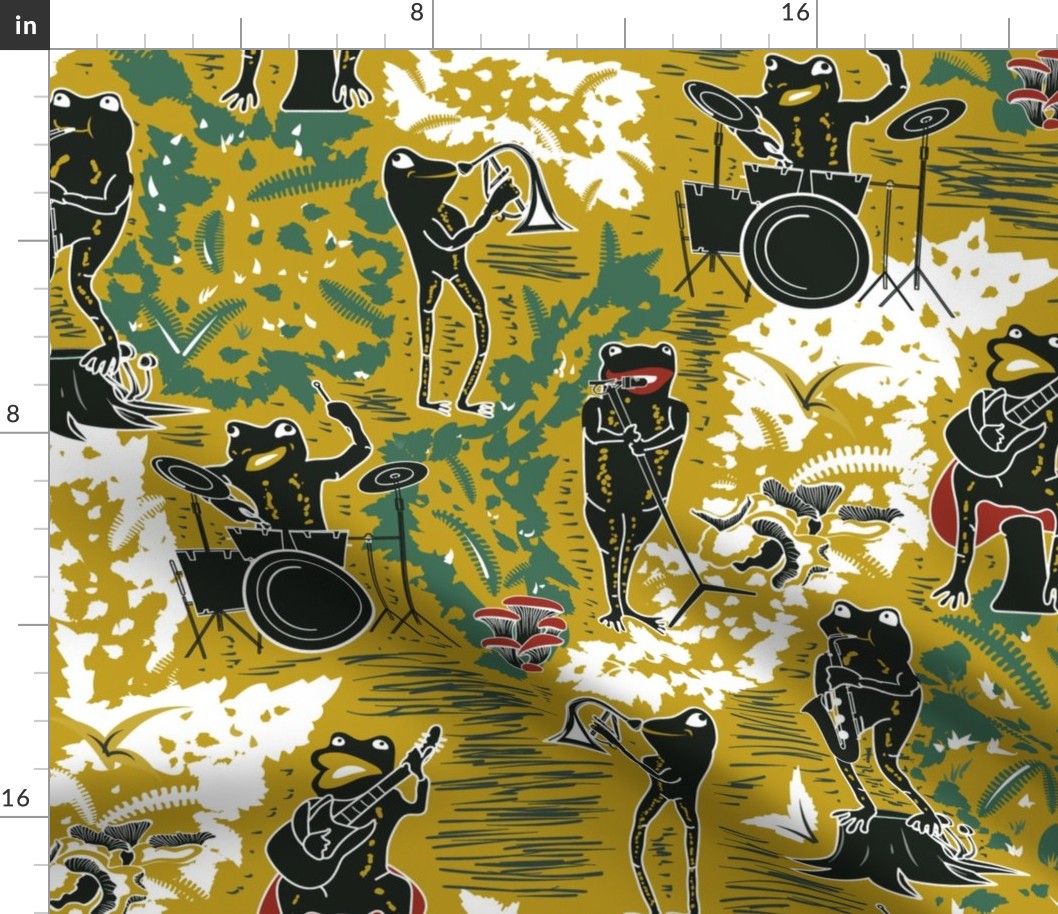 Croak Band 2.0- Frogs Jamming Session in the Amazon Forest- Block Print- Yellow Old Gold- Large Scale 