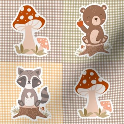 Woodland Nursery Animal Sticker Panels 4x4 Patchwork for Cheater Quilts Cut and Sew Crafts Brown Bear Orange Fox Squirrel Grey Raccoon