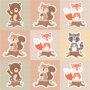 Woodland Nursery Animals Stickers 6x6 Square Panels for Quilting Applique or Sticker Crafts Brown Bear Orange Fox Squirrel Grey Raccoon