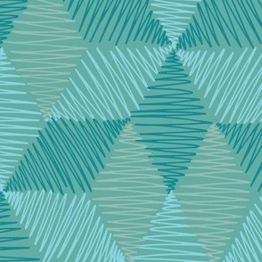 (Large) Scribbled Rhombus Stars “Scribbled diamond cubes “ in teal greens, light green and fawn