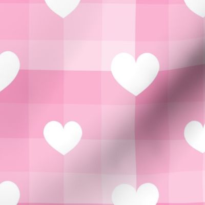 White Hearts on Pink Ombre Plaid Checkered 