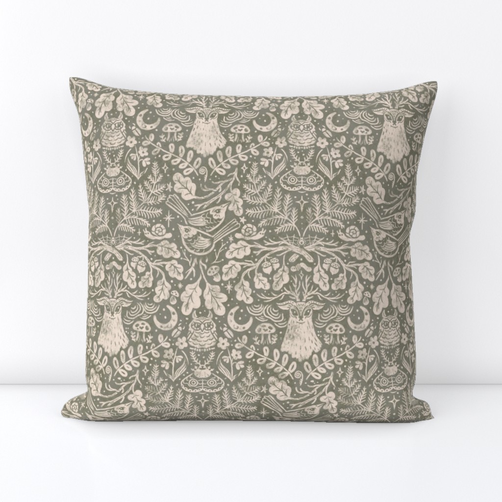 Night in the Forest Woodland Damask | Antique Pewter Green | Textured Historical Inspired