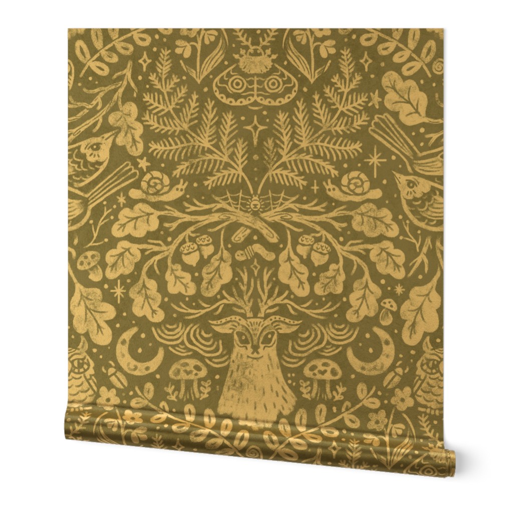 Night in the Forest Woodland Damask | Antique Pewter Green | Textured Historical Inspired