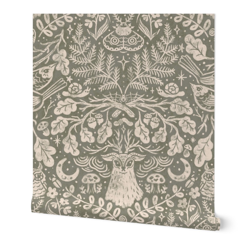 Night in the Forest Woodland Damask | Antique Pewter Green | Textured Historical Inspired