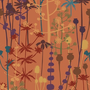 Jumbo - A maximalist floral Fall meadow of bold, colourful, hand drawn silhouettes for the most exciting of wallpapers. Multi-colored rich and jewelled  flowers on a warm copper background.