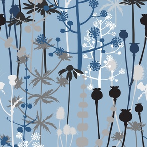 Jumbo - A maximalist floral Winter meadow of bold, colourful, hand drawn silhouettes for the most exciting of wallpapers. Multi-colored cool and icy flowers on a cool baby blue background.