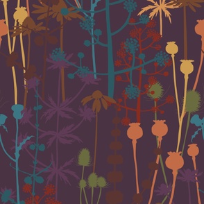 Jumbo - A maximalist floral Fall meadow of bold, colourful, hand drawn silhouettes for the most exciting of wallpapers. Multi-colored rich and jewelled  flowers on a deep aubergine purple background.