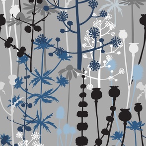 Jumbo - A maximalist floral Winter meadow of bold, colourful, hand drawn silhouettes for the most exciting of wallpapers. Multi-colored cool and icy flowers on a cold gray background.