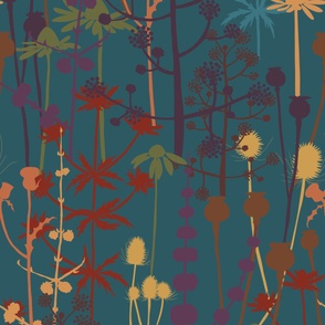 Jumbo - A maximalist floral Fall meadow of bold, colourful, hand drawn silhouettes for the most exciting of wallpapers. Multi-colored rich and jewelled  flowers on a warm teal green background.