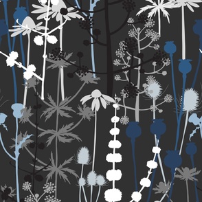 Jumbo - A maximalist floral Winter meadow of bold, colourful, hand drawn silhouettes for the most exciting of wallpapers. Multi-colored cool and icy flowers on a cracked pepper charcoal grey background.