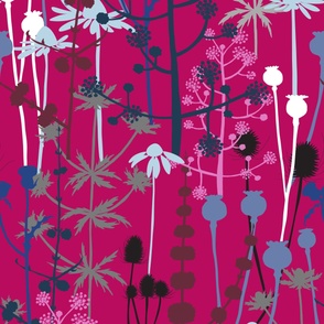 Jumbo - A maximalist floral Winter meadow of bold, colourful, hand drawn silhouettes for the most exciting of wallpapers. Multi-colored contrasting flowers on a bright magenta pink background.