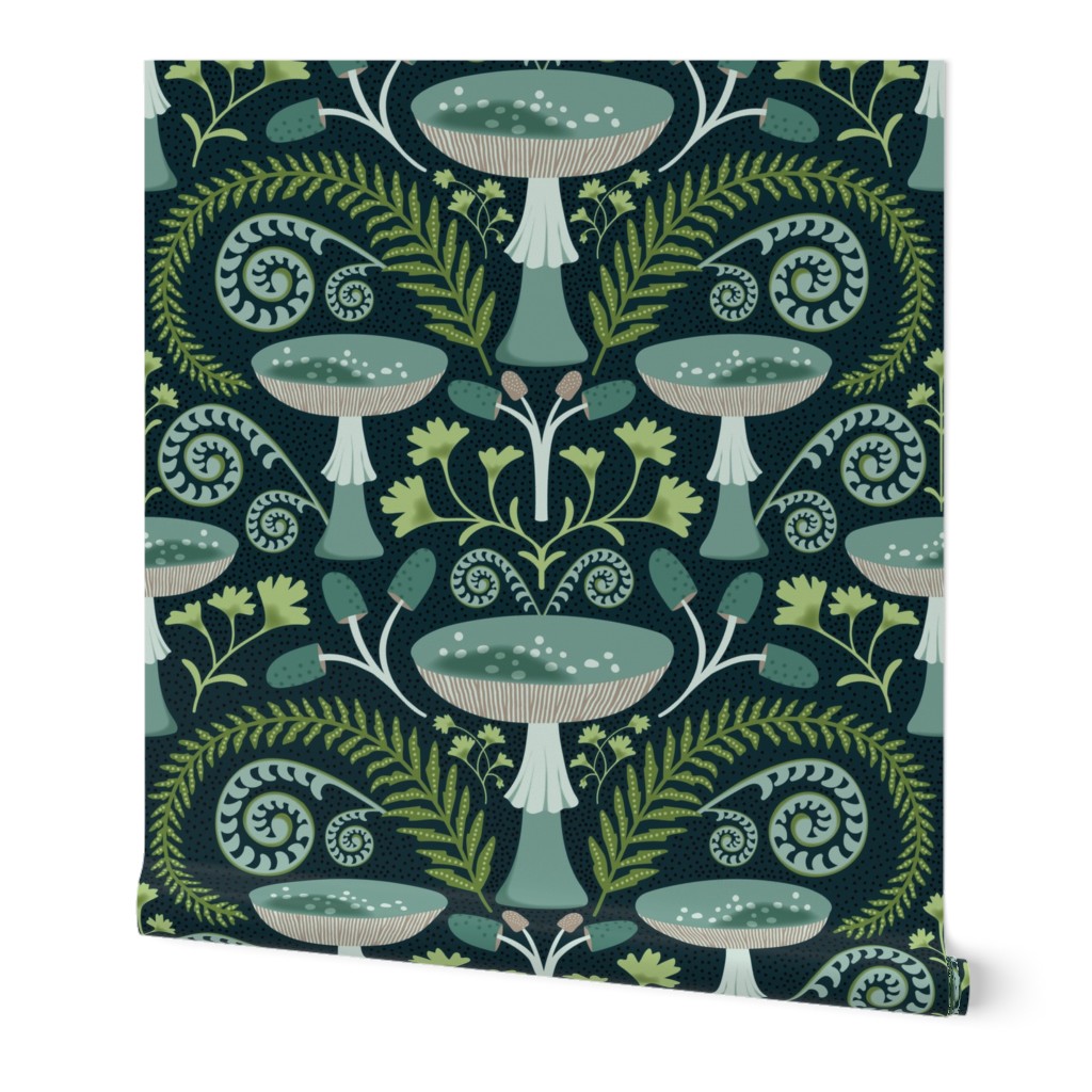 Enchanted Forest - Fern Mushroom Botanical Dark Teal Large