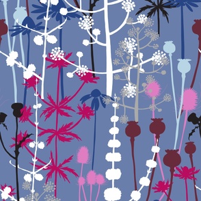 Jumbo - A maximalist floral Winter meadow of bold, colourful, hand drawn silhouettes for the most exciting of wallpapers. Multi-colored contrasting flowers on a cool blue background.