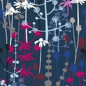 Jumbo - A maximalist floral Winter meadow of bold, colourful, hand drawn silhouettes for the most exciting of wallpapers. Multi-colored contrasting flowers on a deep navy blue background.