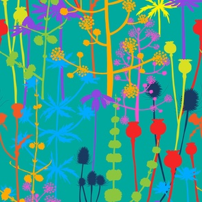 Jumbo - A maximalist floral meadow of bold, colourful, hand drawn silhouettes for the most exciting of wallpapers. Multi-colored flowers on a vibrant turquoise background.