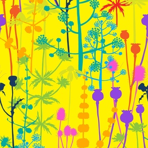 Jumbo - A maximalist floral meadow of bold, colourful, hand drawn silhouettes for the most exciting of wallpapers. Multi-colored flowers on a vibrant yellow background.