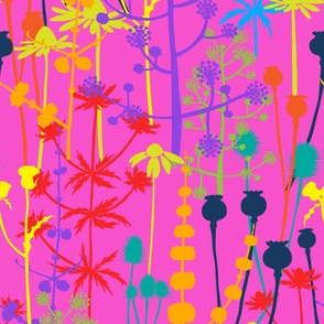 Jumbo - A maximalist floral meadow of bold, colourful, hand drawn silhouettes for the most exciting of wallpapers. Multi-colored flowers on a vibrant pink background.