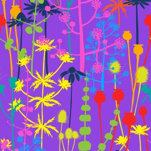 Jumbo - A maximalist floral meadow of bold, colourful, hand drawn silhouettes for the most exciting of wallpapers. Multi-colored flowers on a vibrant purple background.