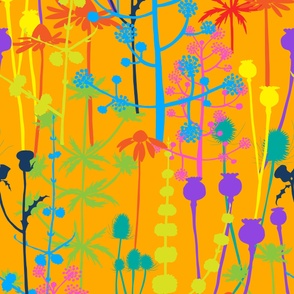 Jumbo - A maximalist floral meadow of bold, colourful, hand drawn silhouettes for the most exciting of wallpapers. Multi-colored flowers on a vibrant orange background.