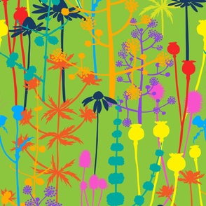 Jumbo - A maximalist floral meadow of bold, colourful, hand drawn silhouettes for the most exciting of wallpapers. Multi-colored flowers on a vibrant lime green background.
