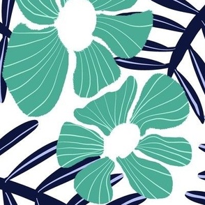 turquoise scandi floral on white - large scale