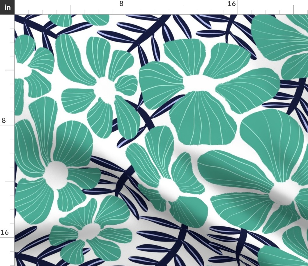 turquoise scandi floral on white - large scale