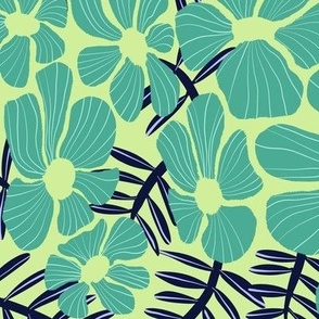 turquoise scandi floral on yellow-green