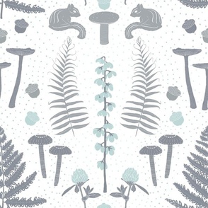 forest woodland biome block print / chipmunks, mushrooms, flora, polka dots