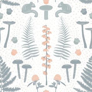 forest woodland biome block print / chipmunks, mushrooms, flora, polka dots