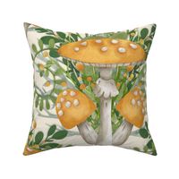 Mushroom Damask Heritage Revival Wallpaper Forest Biome in Leaf Green and Goldenrod with Ferns and Mushrooms Jumbo Scale Statement Wallpaper