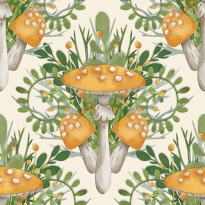 Mushroom Damask Heritage Revival Wallpaper Forest Biome in Leaf Green and Goldenrod with Ferns and Mushrooms Jumbo Scale Statement Wallpaper