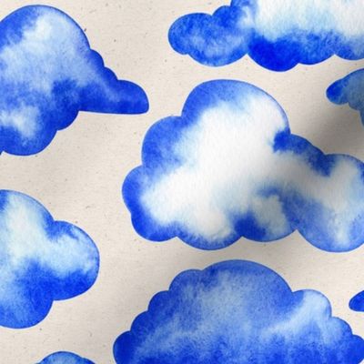 Larger Scale // Watercolor Painted Scattered Fluffy Blue Clouds 