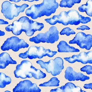 Large Scale // Watercolor Painted Scattered Fluffy Blue Clouds 