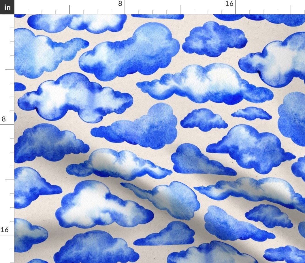 Larger Scale // Watercolor Painted Scattered Fluffy Blue Clouds 