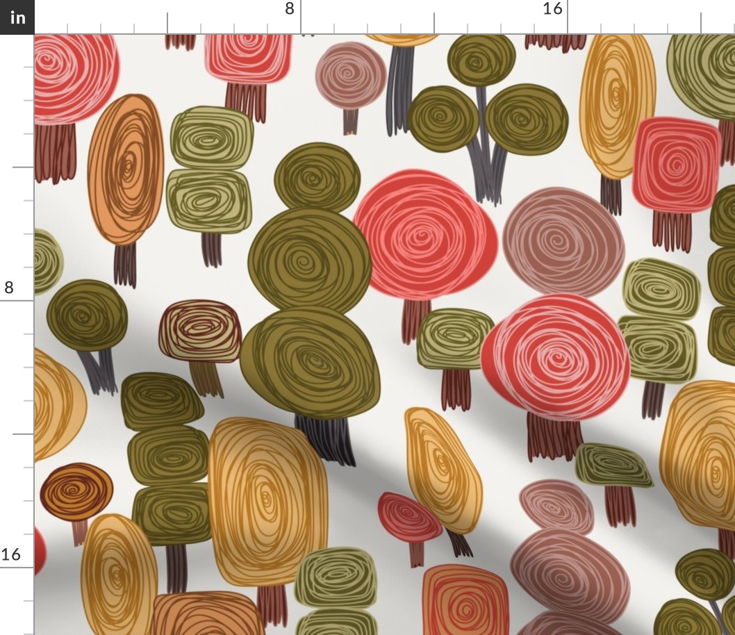 487 - Large scale biome doddle autumn forest lollipop trees in peach, coral, orange, olive green, moss green, chocolate brown and charcoal grey, for wallpaper, duvet covers, table cloth, kids, children decor