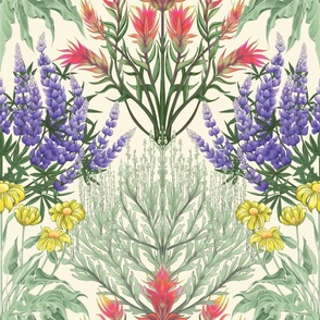 Bright Bold Wildflowers,  Mountain Alpine Flowers, Oversize Floral, Cottage CoreLupin, Mule's Ear, Sage Brush, Castilleja, Indian Paintbrush, Meadow Flowers, Cream Neutral Background 