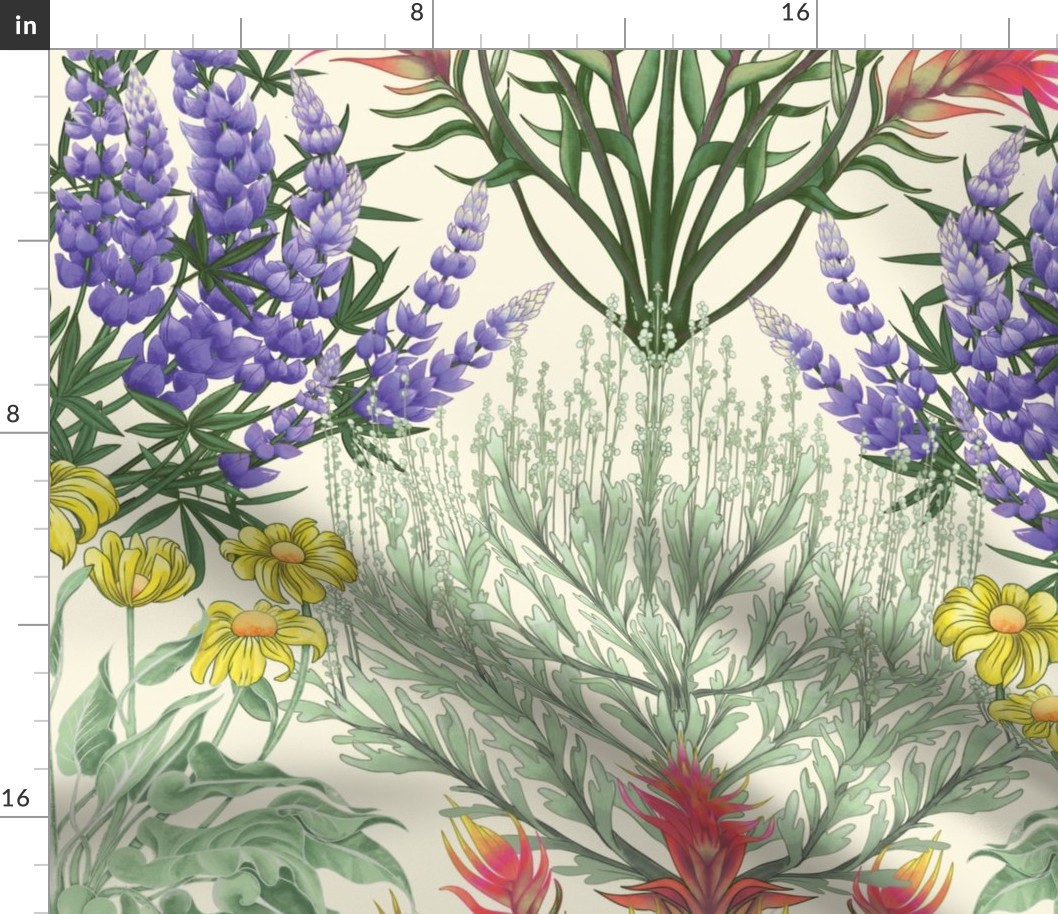 Bright Bold Wildflowers,  Mountain Alpine Flowers, Oversize Floral, Cottage CoreLupin, Mule's Ear, Sage Brush, Castilleja, Indian Paintbrush, Meadow Flowers, Cream Neutral Background 