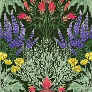 Bright Bold Wildflowers,  Mountain Alpine Flowers, Oversize Floral, Lupin, Mule's Ear, Sage Brush, Castilleja, Indian Paintbrush, Meadow Flowers, Black Background 