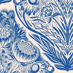 Block Print Wildflowers Ogee Pattern - Bright Blue Reversed