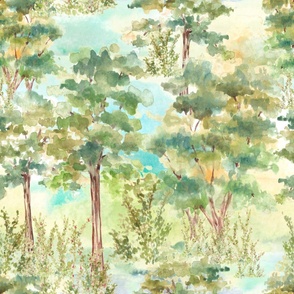 Large//Aquamarine, greens and ochres INTO THE WOODS PATTERN - Basic repeat