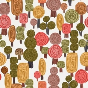 487 - small scale biome doddle autumn forest lollipop trees in peach, coral, orange, olive green, moss green, chocolate brown and charcoal grey, for wallpaper, duvet covers, table cloth, kids, children decor