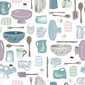 Kitchen utensils and handmade pottery in muted blue green and grey pink