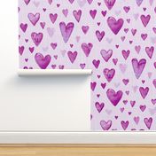 Bright purple hand drawn watercolor hearts  with linen texture (jumbo/ extra large scale)