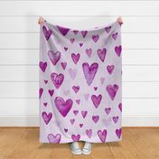 Bright purple hand drawn watercolor hearts  with linen texture (jumbo/ extra large scale)