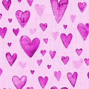 Magenta hand drawn watercolor hearts  with linen texture (jumbo/ extra large scale)