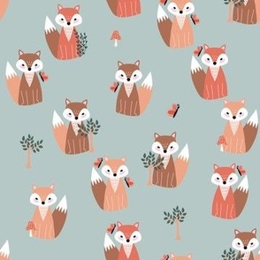 Cute Fox in forest with mushroom butterfly trees woodland animals