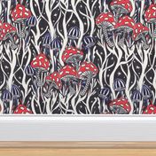 Enchanted Forest Floor - Red Cap Mushrooms, Mycelium, Starry Night